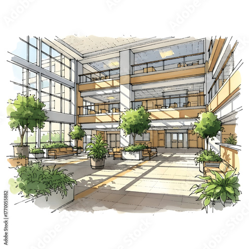 Architectural Watercolor of a Hospital Atrium