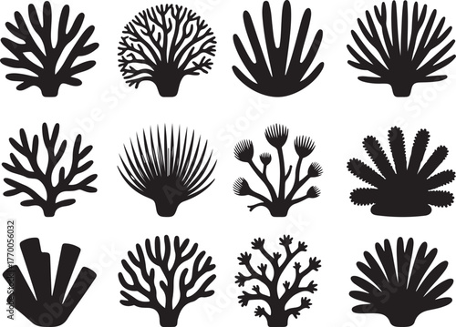 Collection of black silhouettes of diverse coral reef forms and marine life