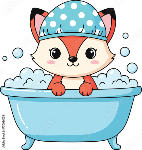 Adorable Cartoon Fox Taking a Bubble Bath Wearing a Polka Dot Shower Cap