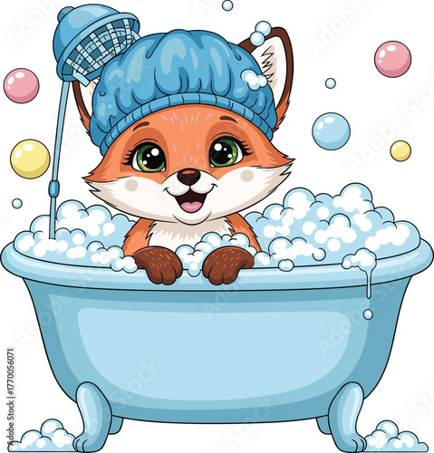 Adorable Cartoon Fox Taking a Bubble Bath with Shower Cap and Shower Head in a Tub