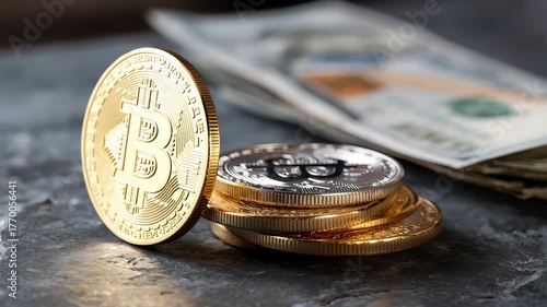 Golden cryptocurrency coins stacked with dollar bills on a dark surface, showcasing the intersection of digital finance and traditional currency in the modern economy