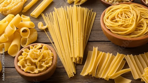 Assortment of Uncooked Pasta on Wooden Table, Overhead Shot