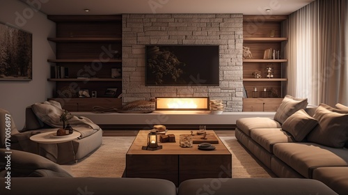 Cozy and Modern Living Room with Fireplace and Large Sectional Sofa