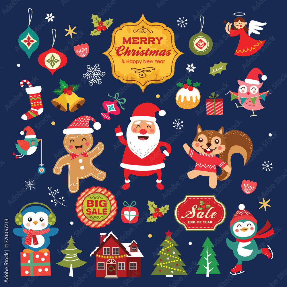 Fototapeta premium Christmas set of Christmas symbols, icons, elements and decoration. Santa Claus, Christmas tree, penguin, squirrel, gingerbread men, cute objects and others. Vector illustration.