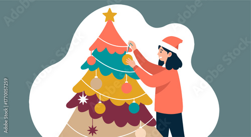 A woman decorates a colorful Christmas tree with ornaments, wearing a Santa hat, preparing for the holiday season with festive cheer.