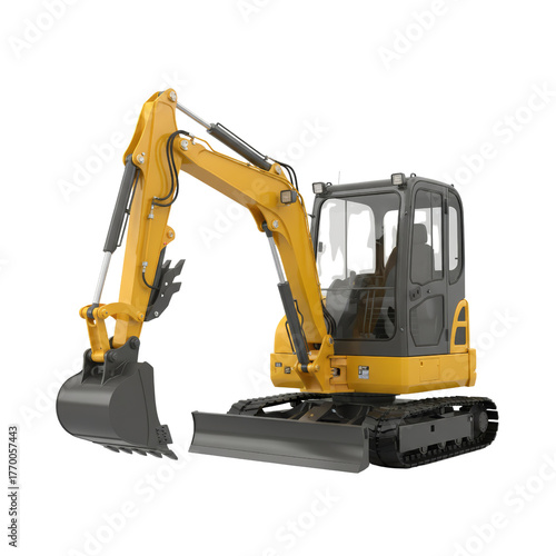 Mini Excavator Isolated Rendering, Yellow and Gray Construction Vehicle on Transparent Scene,