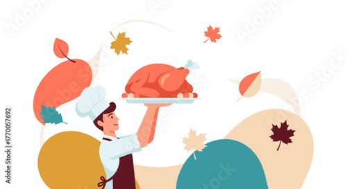 A chef proudly presents a roasted turkey on a platter, surrounded by autumn leaves in a festive, illustrative design, perfect for Thanksgiving celebrations.