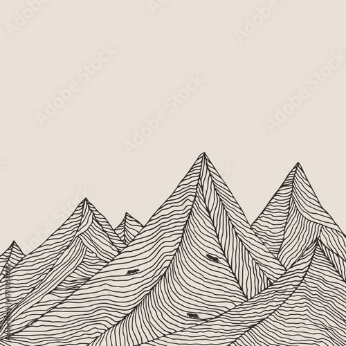 Hand-drawn mountains. Mountain cats. Abstract landscape.