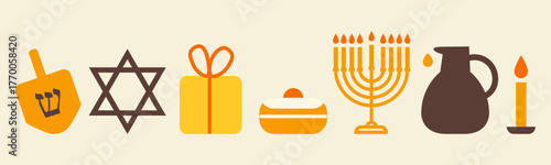 Flat Hanukkah Icons Set. Hand drawn vector illustration of simple judaic symbols collection. Minimal holiday design with menorah, dreidel, star, candles.