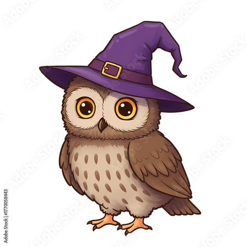 Cartoon owl wearing a purple witch hat for halloween holiday celebration art on transparent background
