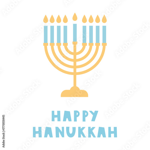Hanukkah Menorah. Flat vector illustration of a simple menorah with Happy Hanukkah lettering. Hand drawn holiday design.