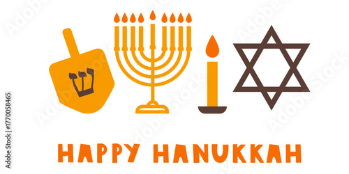 Flat Hanukkah Icons Set. Vector illustration of simple judaic symbols - menorah, dreidel, single candle, Star of David. Minimal holiday collection on white background.