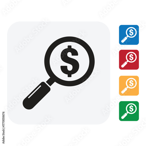 Uncover financial opportunities with dollar search icon, find hidden profits with colored magnifying glass for investment success, explore money growth now