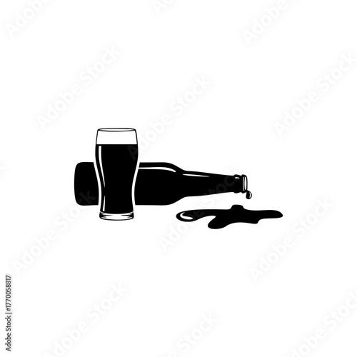 Silhouette illustration of a spilled beer bottle next to a full glass, isolated on white.