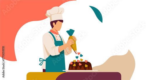 A skilled chef decorates a chocolate cake with precision, adding heart-shaped sprinkles for a delightful, sweet dessert.