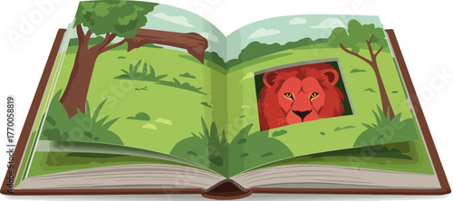 Lion peers from a book depicting a vibrant jungle scene with trees and greenery