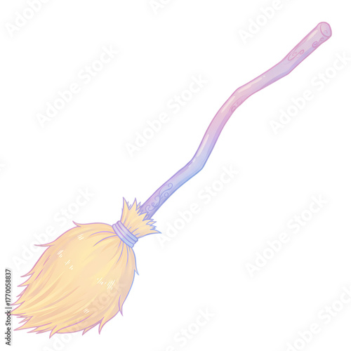 Pastel colored witch's broom with a wooden handle and straw bristles design on transparent background