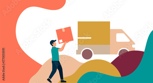 An illustration depicts a delivery person holding a package next to a truck, representing logistics and shipping services effectively.