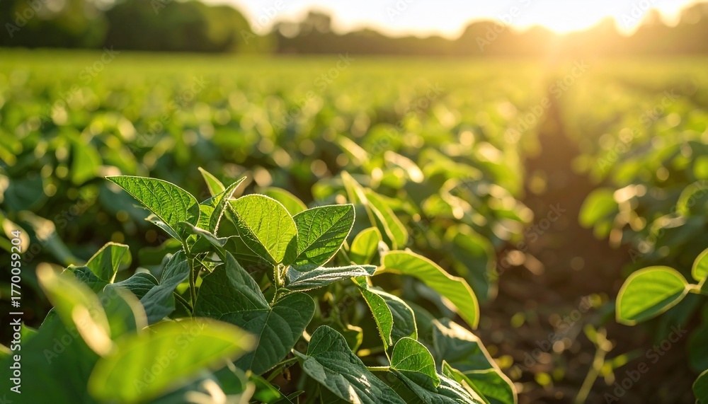 Obraz premium Golden Hour Sunlight on a Lush Soybean Field with Agriculture Landscape.