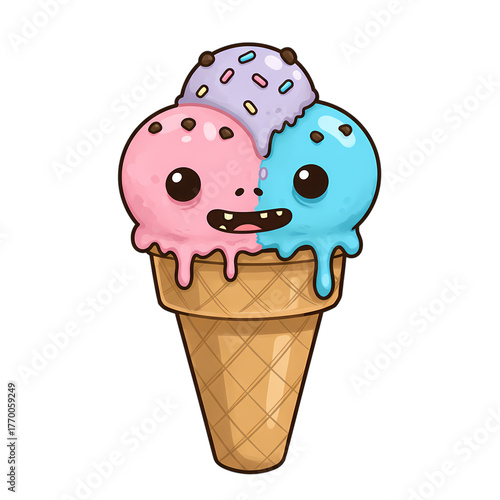 Cartoon ice cream cone with cute faces and colorful scoops on transparent background