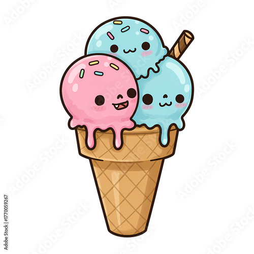 Cute cartoon ice cream cone with happy faces and colorful sprinkles on transparent background