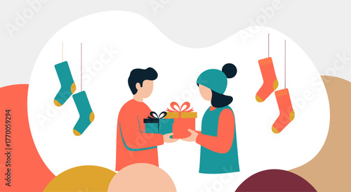 A person gives a gift box to another person, with socks hanging in the background, symbolizing generosity and sharing during the holidays.