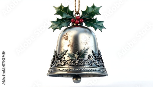 Elegant Silver Christmas Bell Ornament with Holly Berries, Festive Holiday Decoration