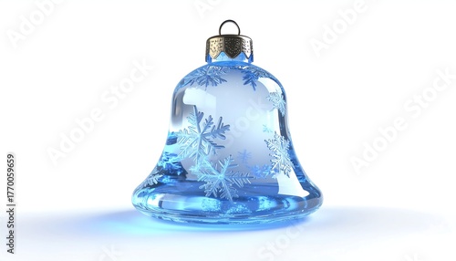 Shiny blue glass holiday bell with an intricate snowflake pattern, a classic Christmas tree ornament isolated on a clean white backdrop