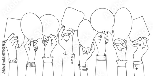 vector black line people hands holding speech bubbles. Clip art isolated on transparent background.