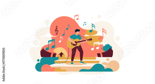 A vibrant illustration captures a musician playing guitar, surrounded by musical notes, symbolizing creativity and the joy of music.
