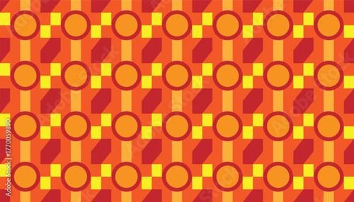 A seamless retro geometric pattern featuring circular and rectangular shapes in vibrant red, orange, and yellow colors. The repetitive and symmetrical design evokes a warm, energetic, and nostalgic.