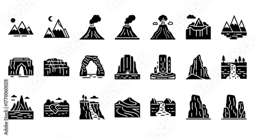 Solid style icon collection of natural landscapes, mountains, rock formations, and volcanoes, a versatile geology vector pack for creative projects