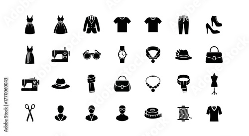 Comprehensive solid icon set representing fashion, apparel, sewing tools, and clothing accessories for design projects