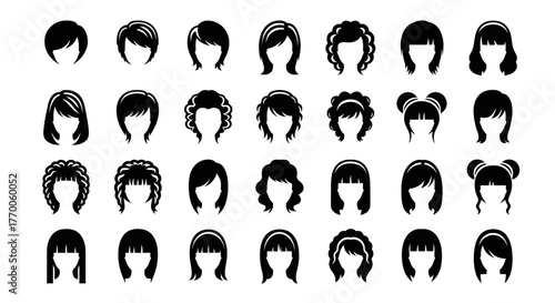 A diverse collection of black vector icons showcasing various female hairstyles, haircuts, and creative wig designs for beauty concepts
