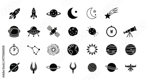 A comprehensive collection of space and astronomy glyph icons, including planets, rockets, satellites, and astronauts for science themes