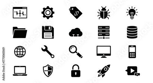 A collection of modern black glyph icons for software development, cloud technology, data security, and web services