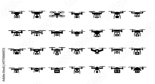 Collection of drone and quadcopter silhouette icons. A comprehensive set of unmanned aerial vehicle vector glyphs for technology and logistics