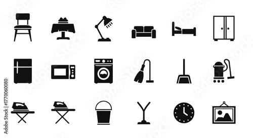 Collection of black and white glyph icons representing household furniture, home appliances, and cleaning equipment