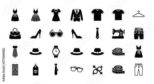 A comprehensive collection of black silhouette glyph icons representing fashion, clothing, and stylish creative accessories