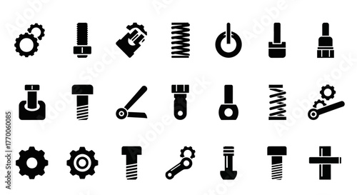 Industrial and mechanical engineering icon pack with various hardware components including bolts, gears, and springs in a solid black glyph style