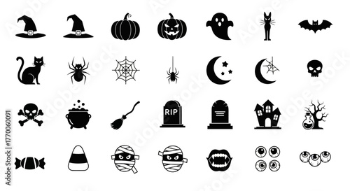 A large collection of black silhouette Halloween icons. Vector set includes spooky symbols like pumpkins, ghosts, and skulls for festive design