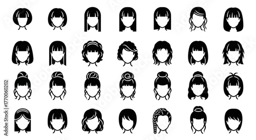 A diverse set of female hairstyle icons. A collection of women's haircuts like bob, bun, and long hair styles in a simple black and white vector format
