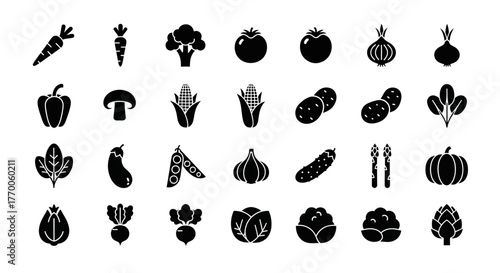 A well-designed collection of solid glyph icons featuring various vegetables. Versatile black symbols for nutrition, farming, and healthy food concepts