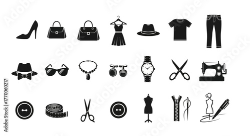 Fashion and tailoring craftsmanship icon set featuring clothing, accessories, and sewing tools for design concepts