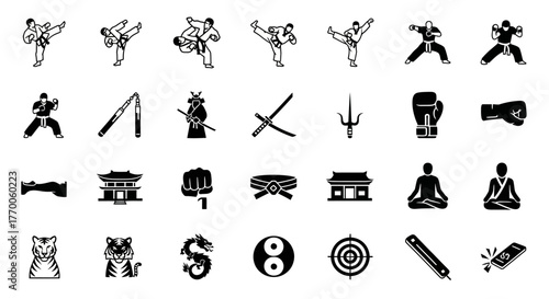 Collection of black and white glyph icons depicting Kung Fu fighters, Karate poses, martial arts weapons, and traditional Asian symbols