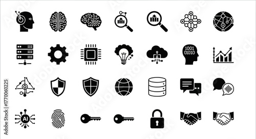 Modern ingenuity icon set featuring artificial intelligence, big data analytics, cybersecurity, and global network technology concepts