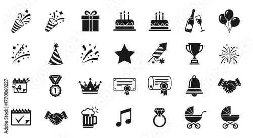 Versatile celebration and achievement icon pack featuring party, wedding, and birthday symbols designed as solid glyphs