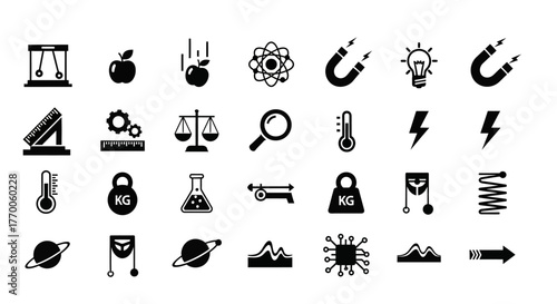 A collection of science and physics line icons representing scientific principles and ingenuity. Vector symbols for education and technology on a white background