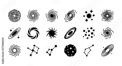 A creative collection of minimalist space icons, including spiral galaxies, constellations, and celestial bodies in a simple black glyph style