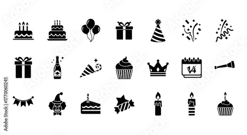 Birthday party solid glyph icons set for holiday celebration. Vector symbols collection including cake, gift, balloons, and confetti